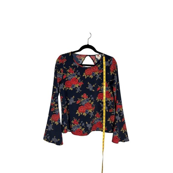 Floral Bell Sleeve Blouse Womens Keyhole Back Navy with Red Roses One Clothing M - Picture 6 of 9